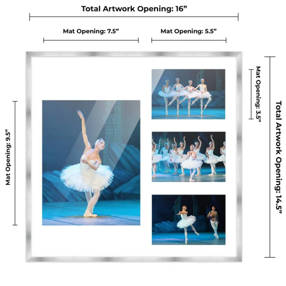 Stainless Steel Silver Wood Finish Collage Frame - White Mat, 20 Frame Sizes to Choose From, UV Acrylic, Wall Hanging Hardware, Vertical or Horizontal Display