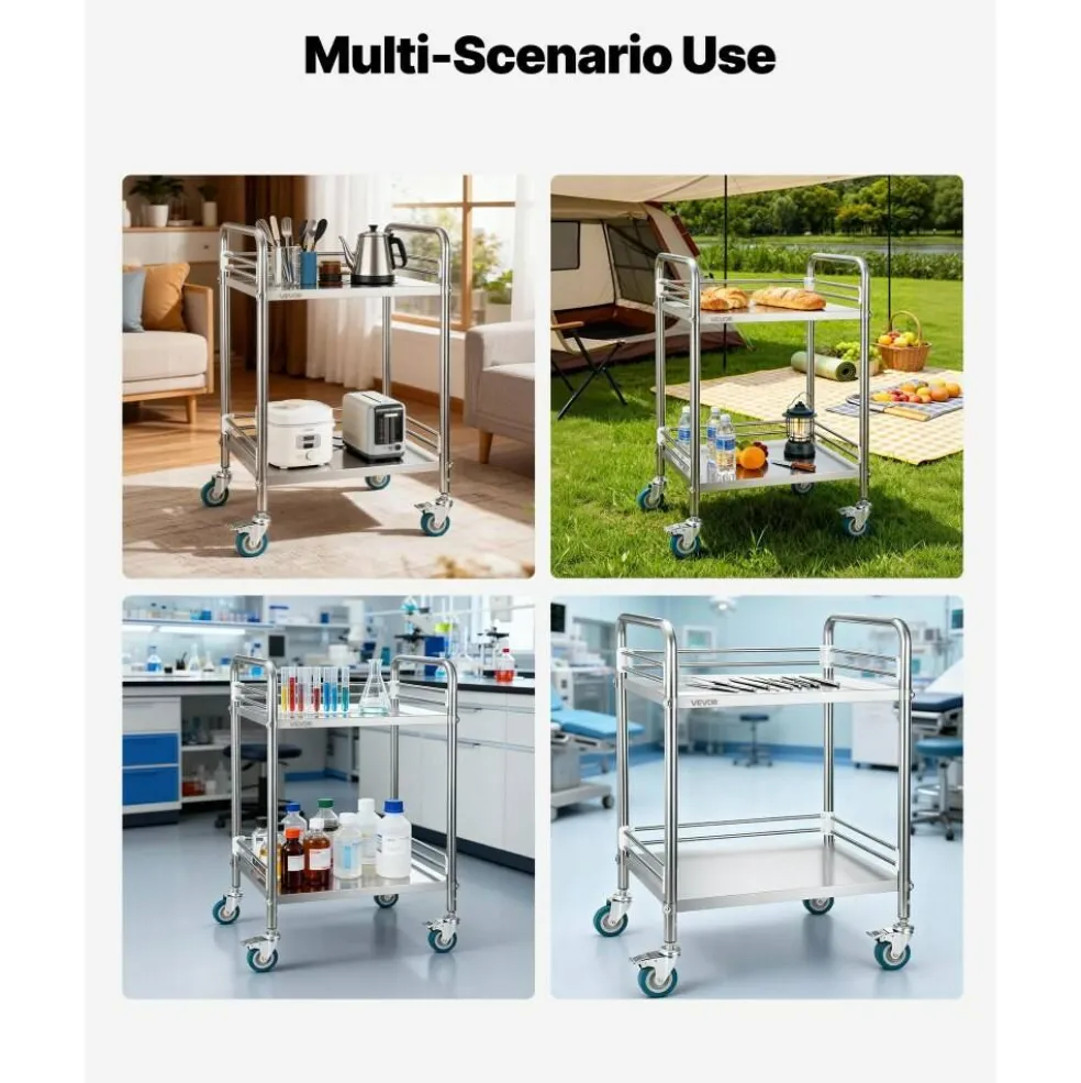 Stainless Steel 2-Tier Rolling Utility Cart with Lockable Wheels