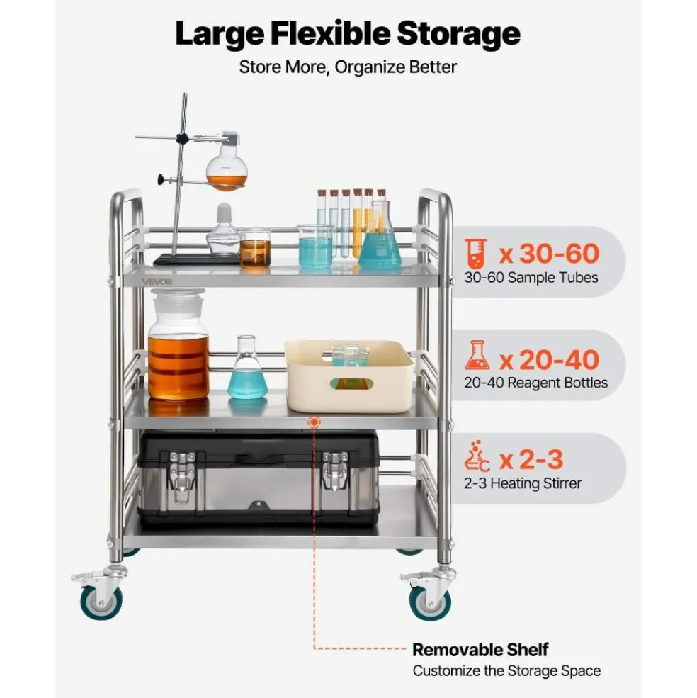 Stainless Steel 2-Tier Rolling Utility Cart with Lockable Wheels
