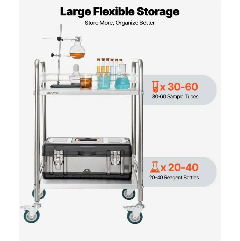 Stainless Steel 2-Tier Rolling Utility Cart with Lockable Wheels
