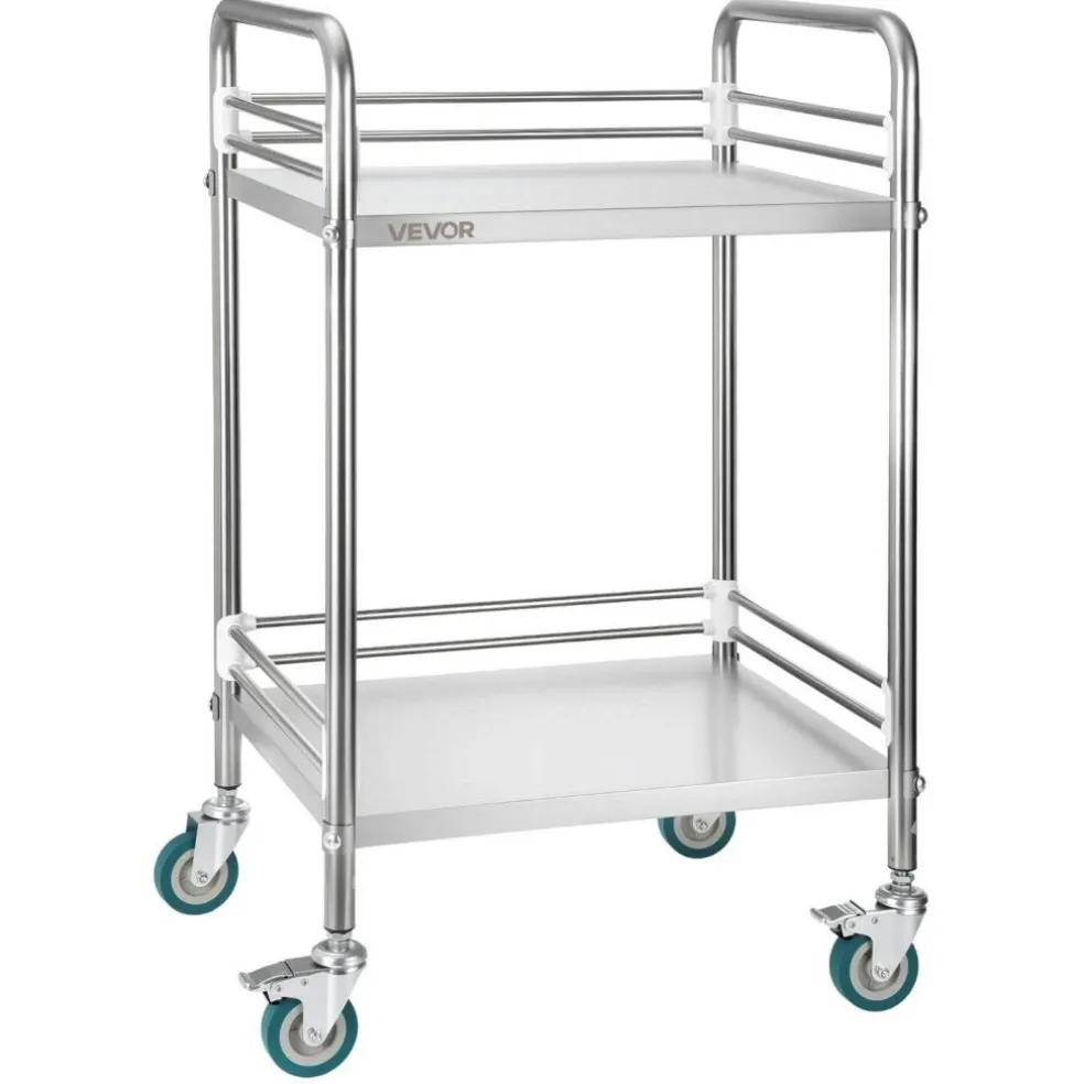 Stainless Steel 2-Tier Rolling Utility Cart with Lockable Wheels