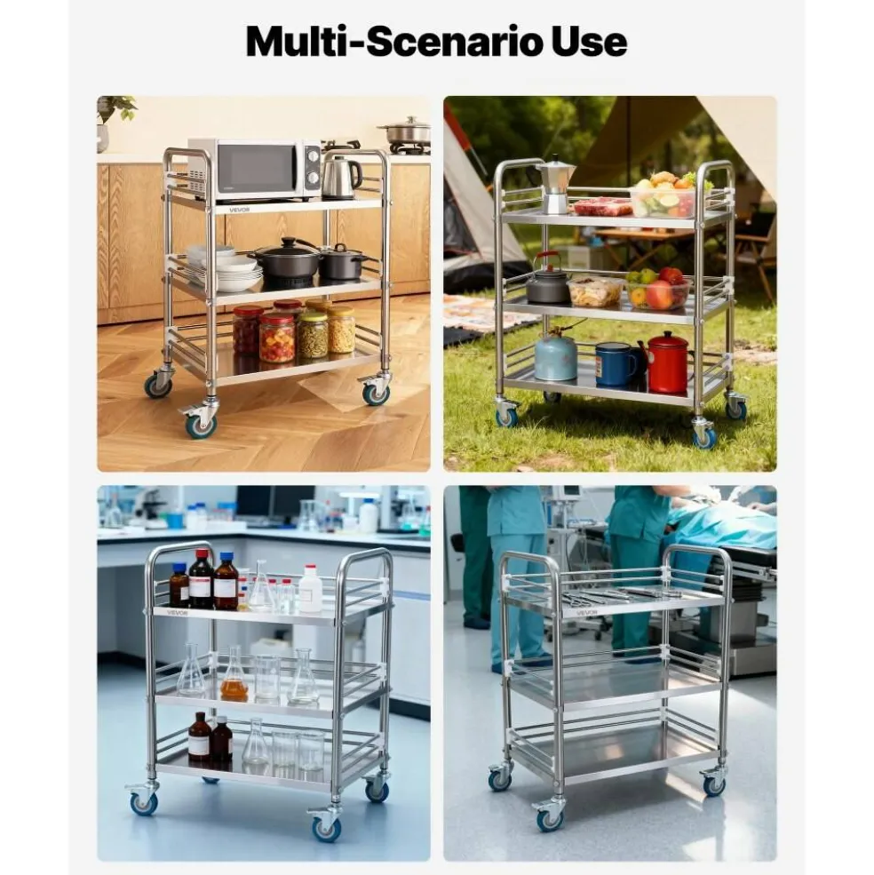 Stainless Steel 2-Tier Rolling Utility Cart with Lockable Wheels