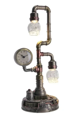 Steampunk Pipework Clock Stand Cordless LED Skull Bulb Copper Accent Desk Light
