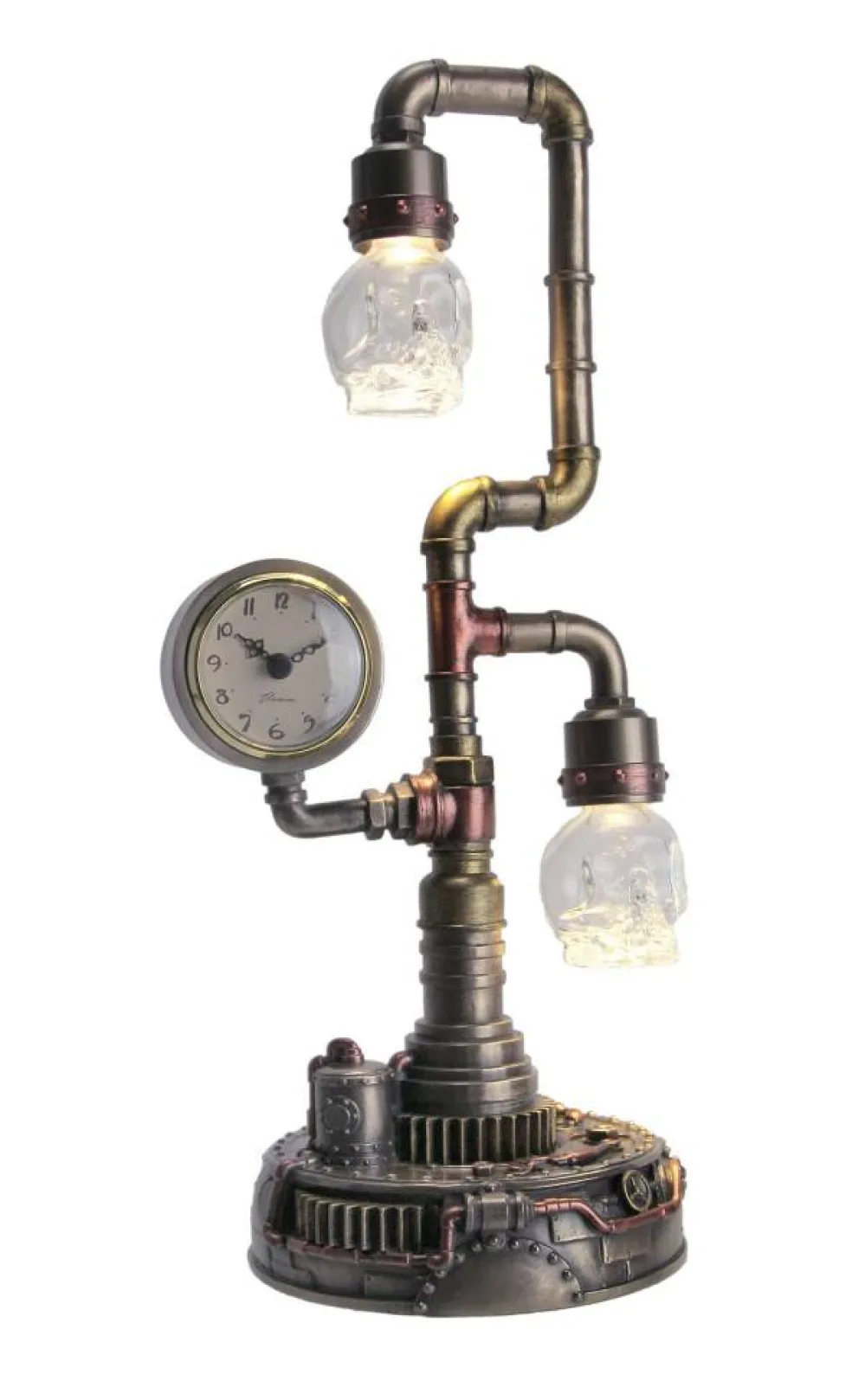 Steampunk Pipework Clock Stand Cordless LED Skull Bulb Copper Accent Desk Light
