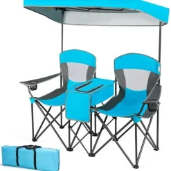 Steel Folding 2-Seater Camping Chair with Canopy and Cooler