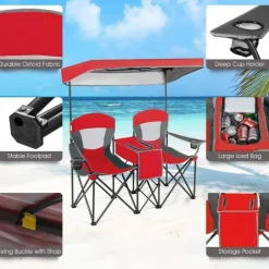 Steel Folding 2-Seater Camping Chair with Canopy and Cooler