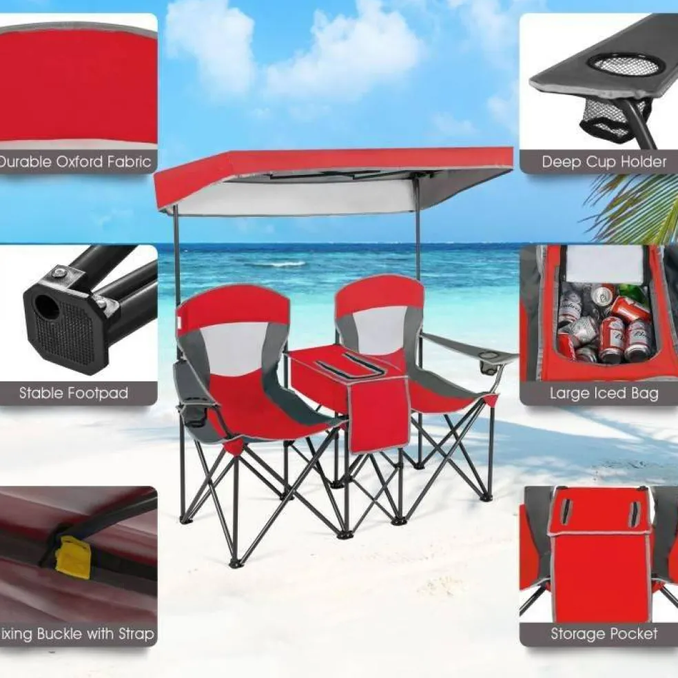 Steel Folding 2-Seater Camping Chair with Canopy and Cooler