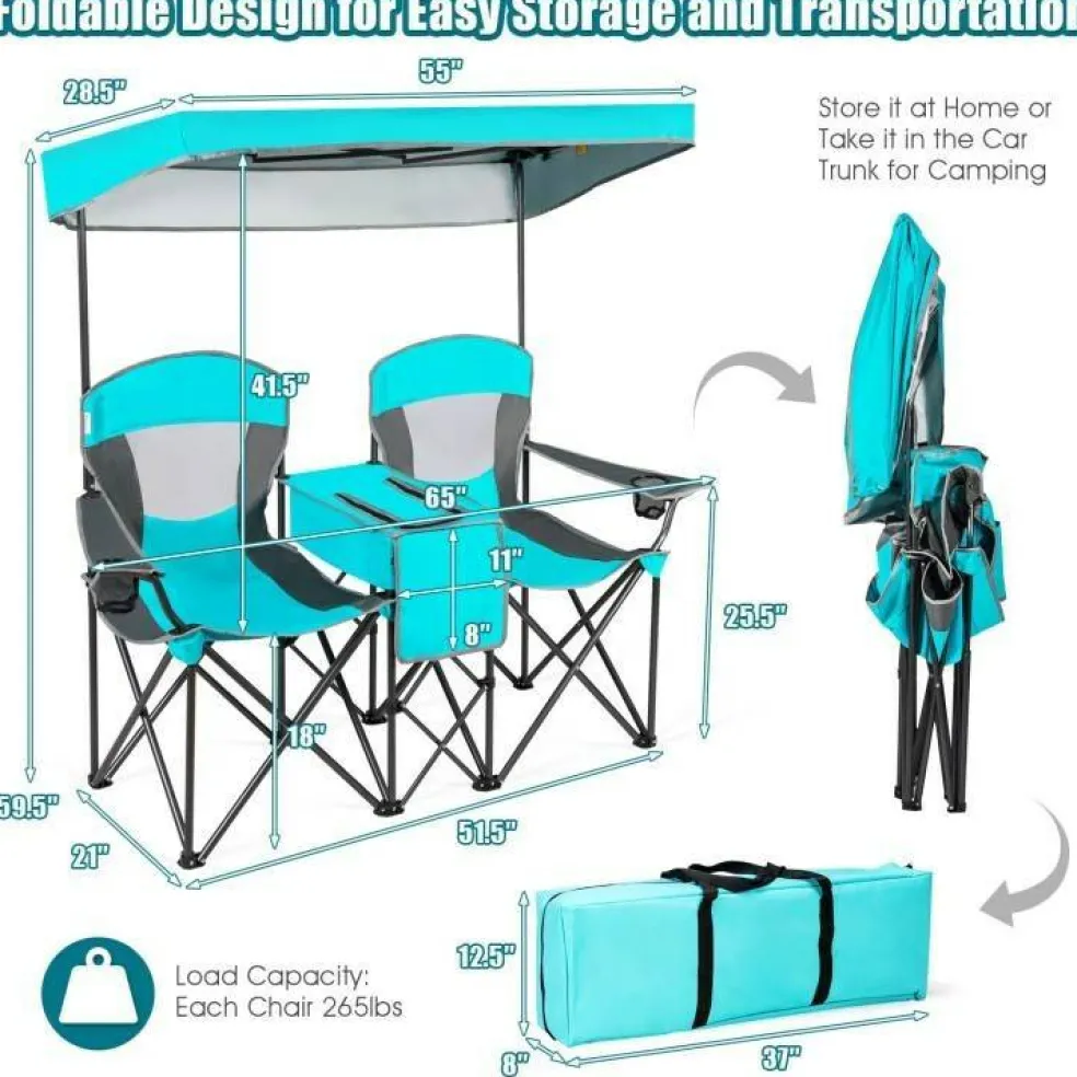 Steel Folding 2-Seater Camping Chair with Canopy and Cooler