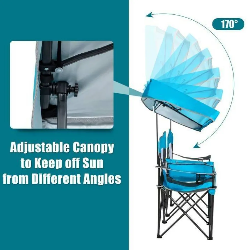 Steel Folding 2-Seater Camping Chair with Canopy and Cooler