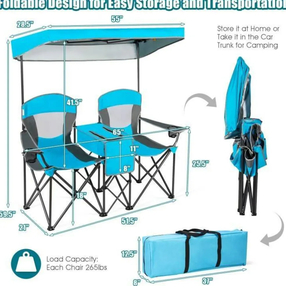 Steel Folding 2-Seater Camping Chair with Canopy and Cooler