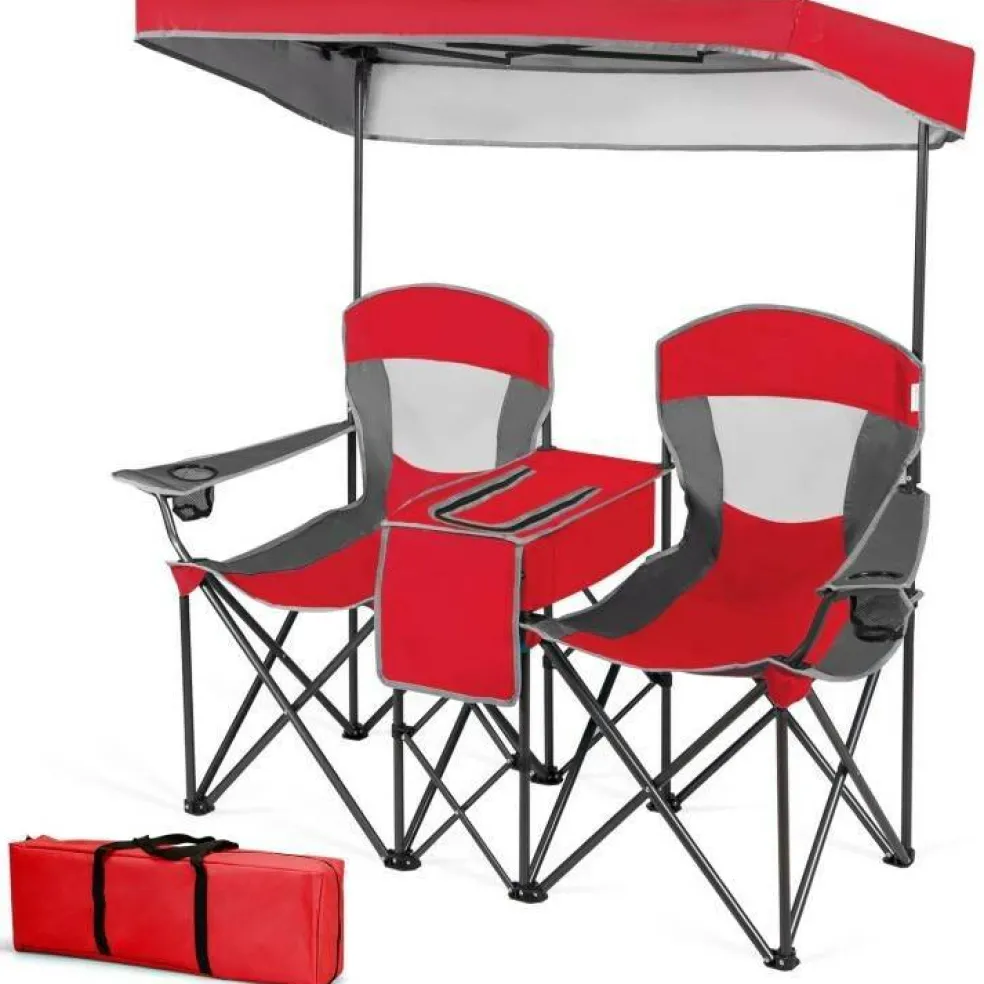 Steel Folding 2-Seater Camping Chair with Canopy and Cooler