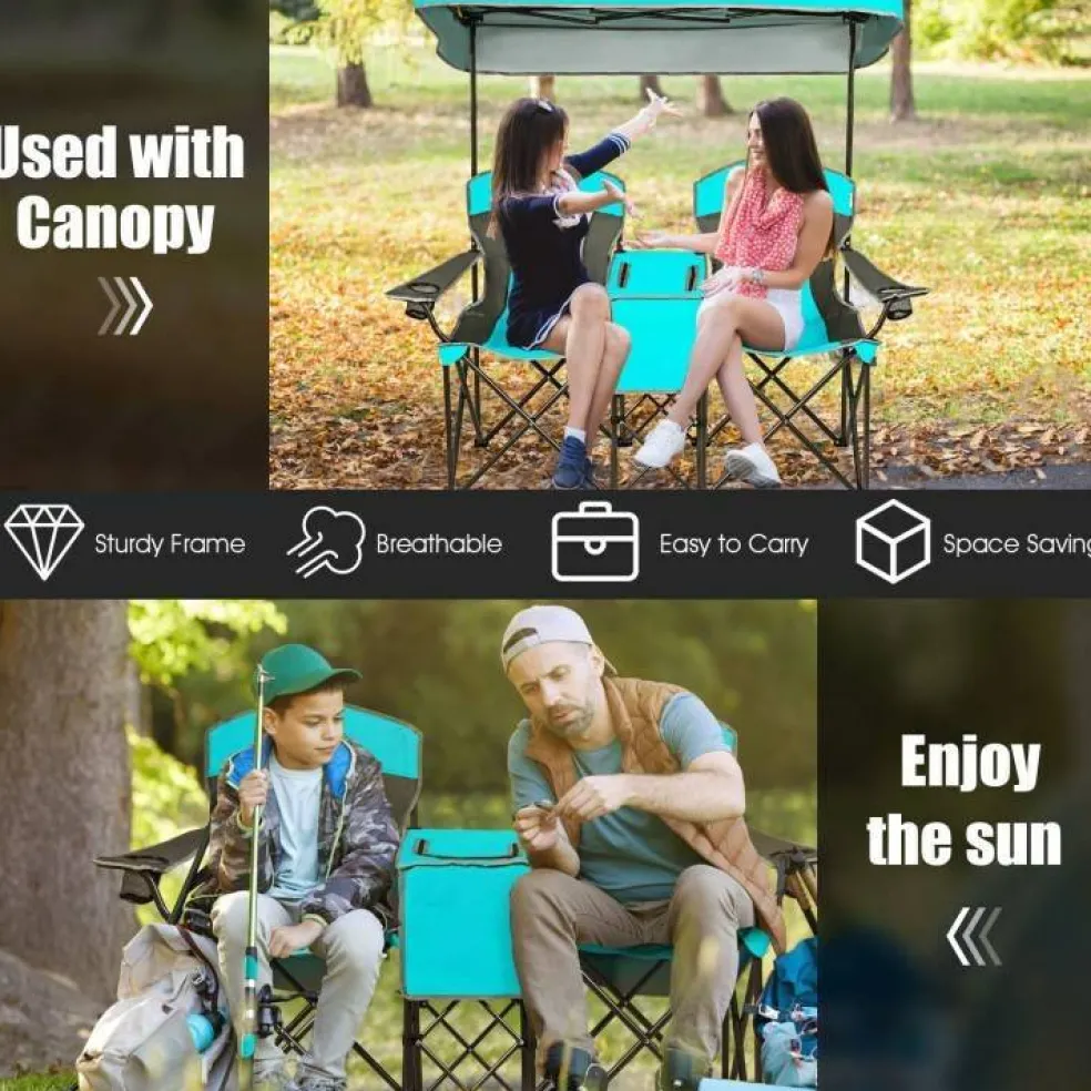 Steel Folding 2-Seater Camping Chair with Canopy and Cooler
