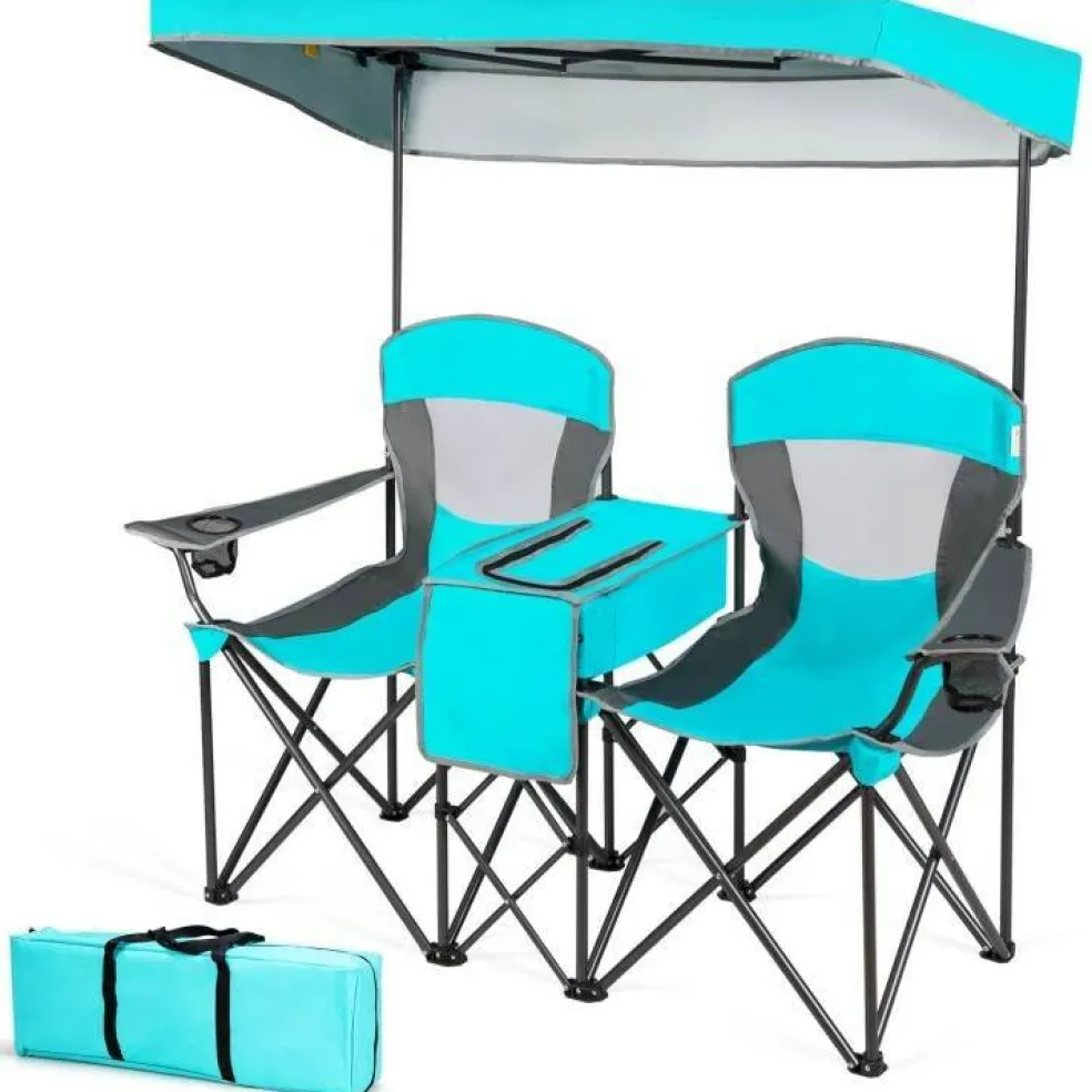 Steel Folding 2-Seater Camping Chair with Canopy and Cooler