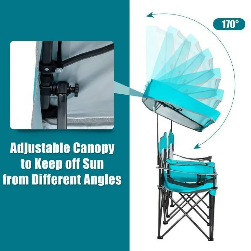 Steel Folding 2-Seater Camping Chair with Canopy and Cooler