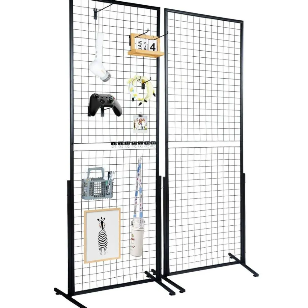 Steel Grid Wall Panel Display Rack Folding Wire Grid Organizer With Stand For Garage Storage Retail Display Black