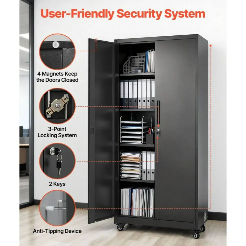 Steel Storage Cabinet 68.9 in Lockable with 4 Adjustable Shelves