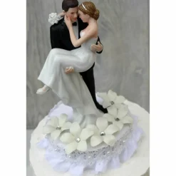 Stephanotis Groom Holding the Bride Wedding Cake Topper (White)