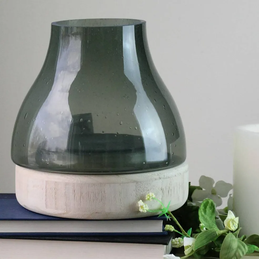 8" Storm Gray Bubble Glass Pillar Candle Holder with Wooden Base