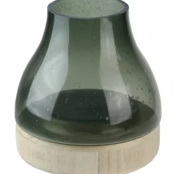 8" Storm Gray Bubble Glass Pillar Candle Holder with Wooden Base