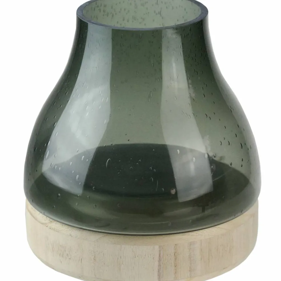 8" Storm Gray Bubble Glass Pillar Candle Holder with Wooden Base