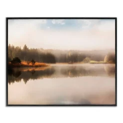 Stupell Industries Autumn Lake Misty Landscape Distant Pine Tree Forest Framed Giclee Art