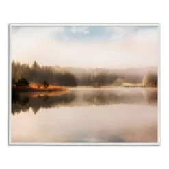 Stupell Industries Autumn Lake Misty Landscape Distant Pine Tree Forest Framed Giclee Art