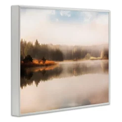 Stupell Industries Autumn Lake Misty Landscape Distant Pine Tree Forest Framed Giclee Art