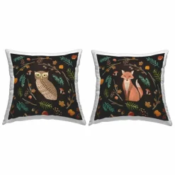 Stupell Industries Cozy Autumn Botanicals Owl & Fox Woodland Creatures Throw Pillow Set