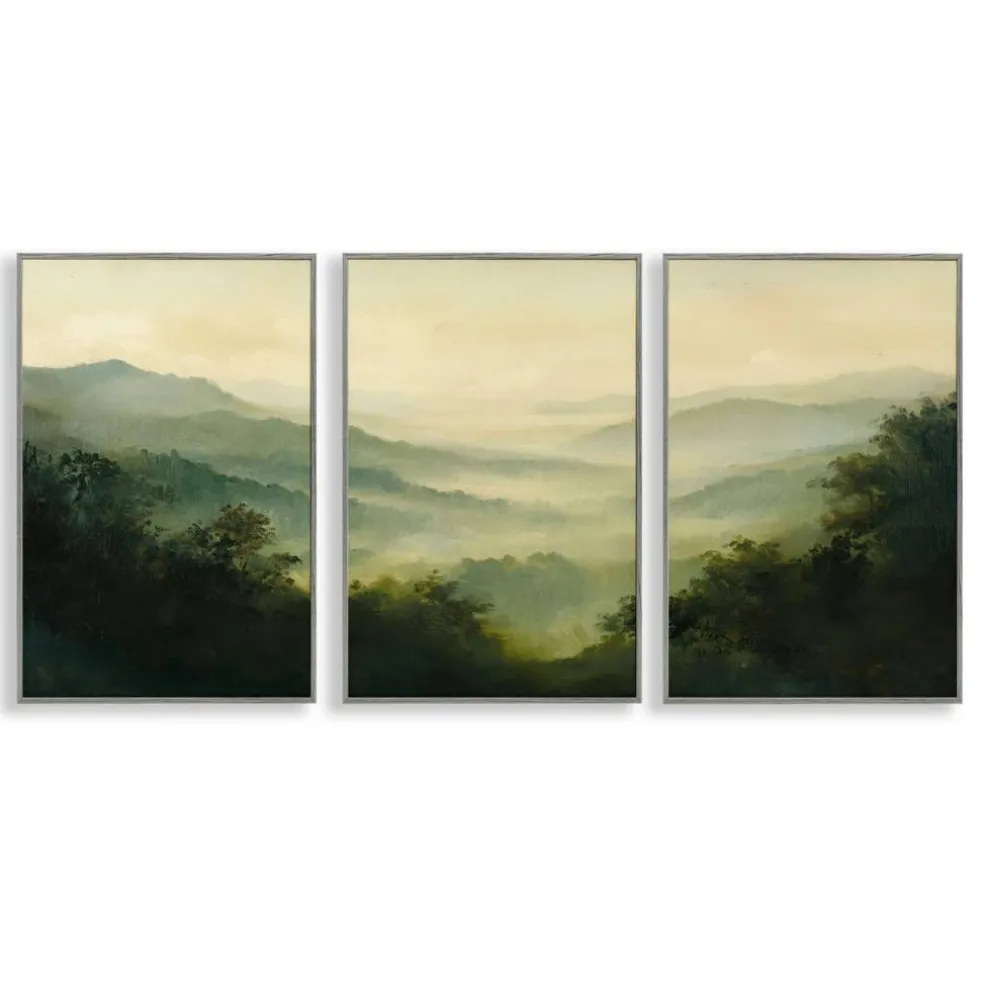 Stupell Industries Through The Haze Mountain Panorama 3pc Framed Giclee Set, design by Petal Prints Design
