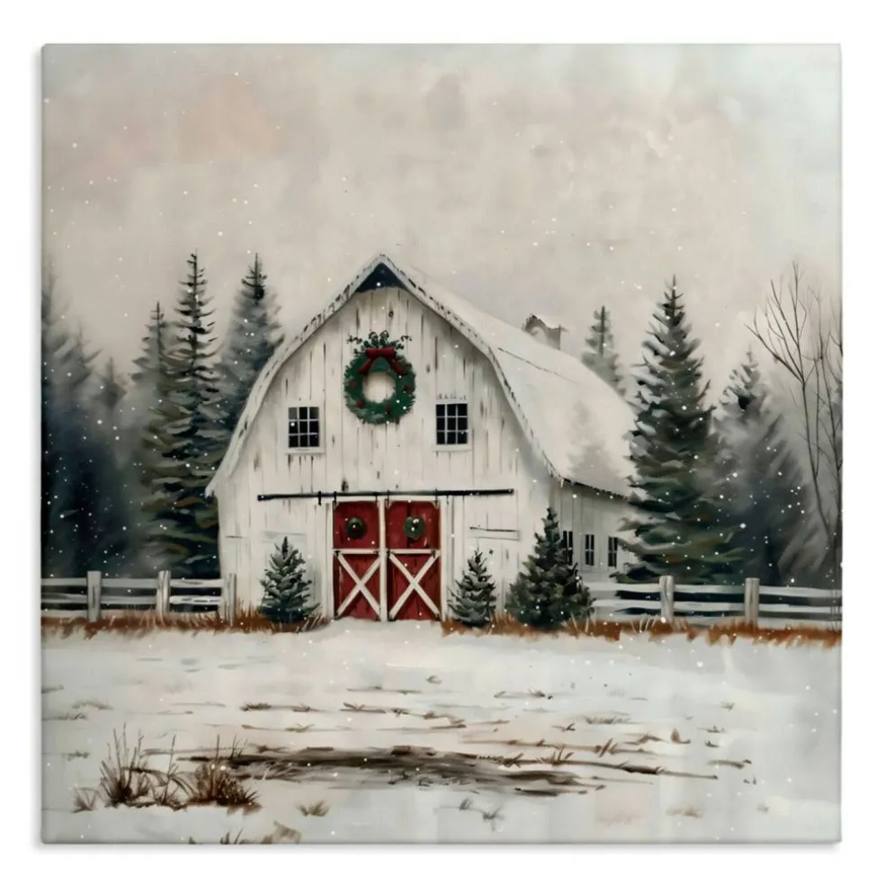 Stupell Industries White Christmas Barn with Wreat Canvas Wall Art, design by Creative Studio