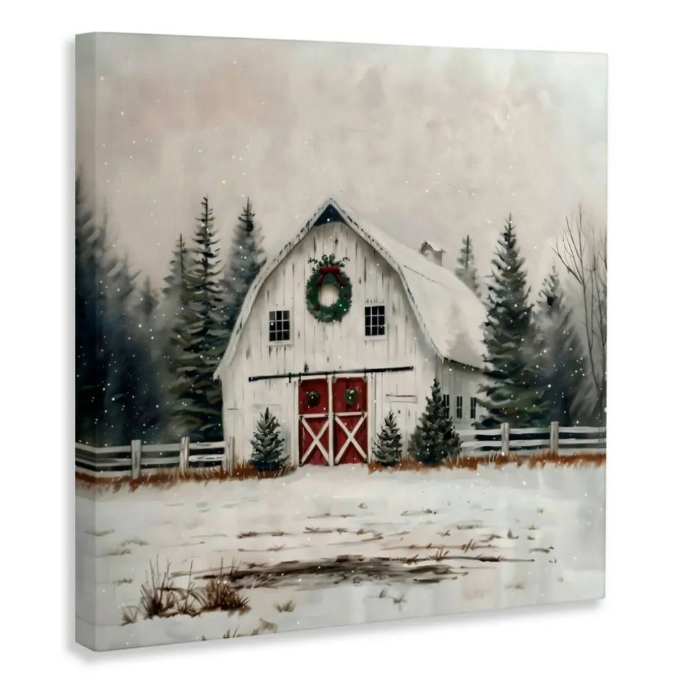Stupell Industries White Christmas Barn with Wreat Canvas Wall Art, design by Creative Studio