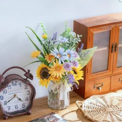 Summer Artificial Sunflower with Vase – Silk Blue Daisy Flower Arrangement