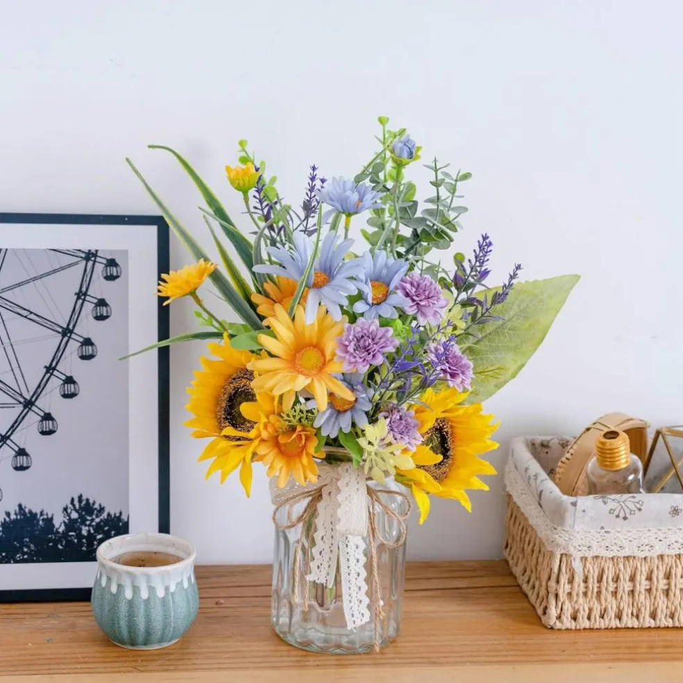 Summer Artificial Sunflower with Vase – Silk Blue Daisy Flower Arrangement