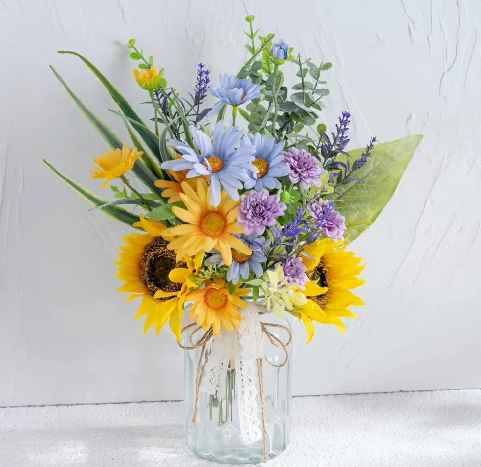 Summer Artificial Sunflower with Vase – Silk Blue Daisy Flower Arrangement