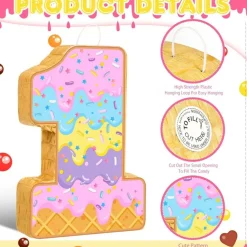 Summer Birthday Piñata Ice Cream Game Set Summer Number Piñata with Bat Stick Blindfold Mask Confetti for Sundae Theme Birthday