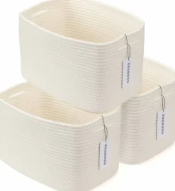 Summer Cotton Rope Storage Basket Bins Woven Basket for Organizing Shelves Rectangle Decorative Baskets For storage Clothes Toys Books Towels Square Wicker Nursery basket organizer 3 pack white