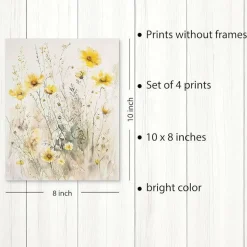 Summer Floral Wall Art Prints Set of 4, Yellow Daisy Flower Poster Prints, Farmhouse Botanical Wall Decor for Living Room, Bedroom, Porch, Patio, Home Decoration, 8x10 Inch Unframed