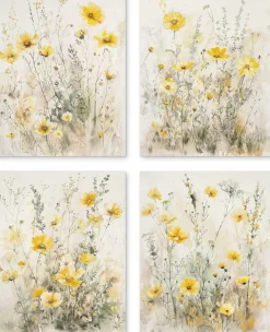 Summer Floral Wall Art Prints Set of 4, Yellow Daisy Flower Poster Prints, Farmhouse Botanical Wall Decor for Living Room, Bedroom, Porch, Patio, Home Decoration, 8x10 Inch Unframed