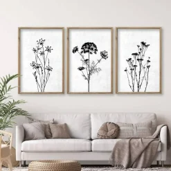 Summer Flower Plant Wall Decor 16"x11", Set of 3 Black and White Botanical Paintings, Wood Framed for Minimalist Bedroom, Office, and Rustic Living Room, Abstract Wildflower Hanging Sign (Wood White)