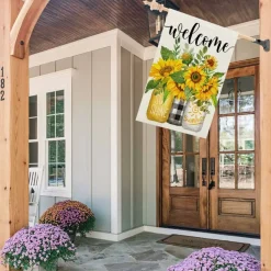 Summer Sunflower House Flag – 28x40" Double-Sided Burlap Garden Flag with Mason Jar Design, Seasonal Welcome Yard & Porch Decoration