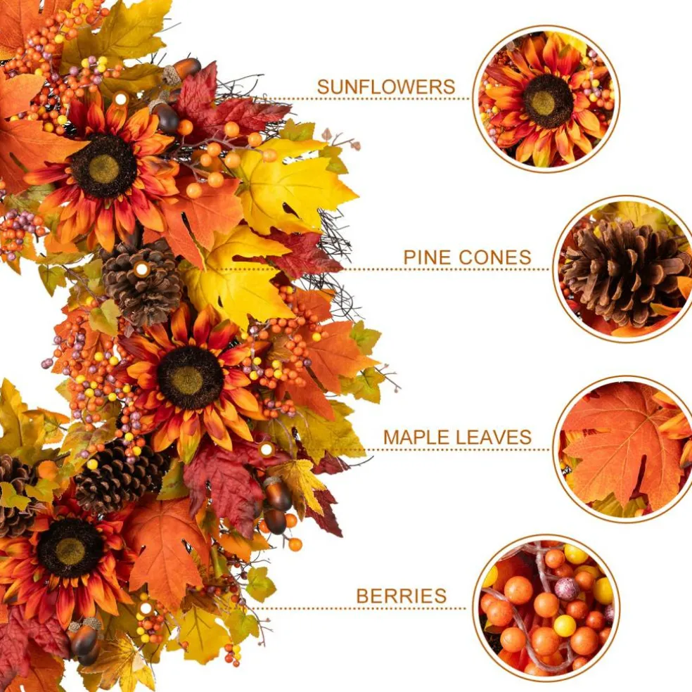 Sunflower Harvest Decor Set – 30" Wreath, 38" Teardrop Swag & 12ft Garland