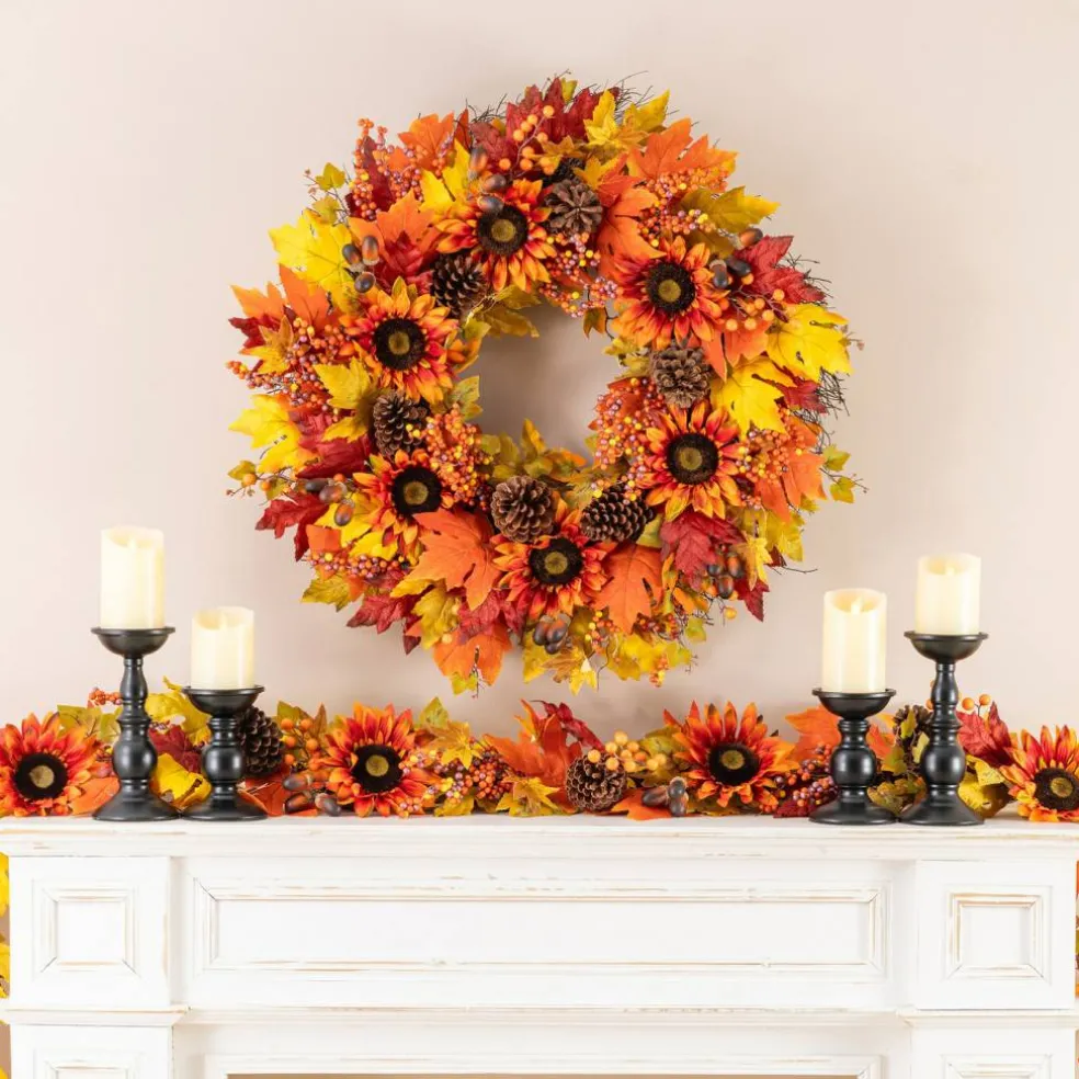 Sunflower Harvest Decor Set – 30" Wreath, 38" Teardrop Swag & 12ft Garland
