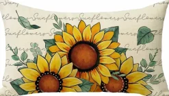 Sunflower Lumbar Pillow Cover 12x20 – Spring Summer Floral Eucalyptus Leaves Design, Farmhouse Rectangular Couch Cushion Case for Indoor Outdoor Decor