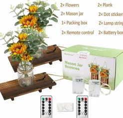 Sunflower Mason Jar Wall Sconces Set of 2 – Farmhouse Wall Decor with Remote Control LED Lights, Rustic Wood Hanging Sunflower Lights for Kitchen Living Room Bedroom Home Decor