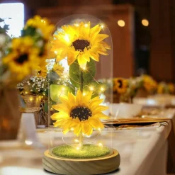 Sunflower Tabletop Gifts for Women Mom Grandma, Enchanted LED Sunflower Lamp, Unique Artificial Flowers in Glass Dome