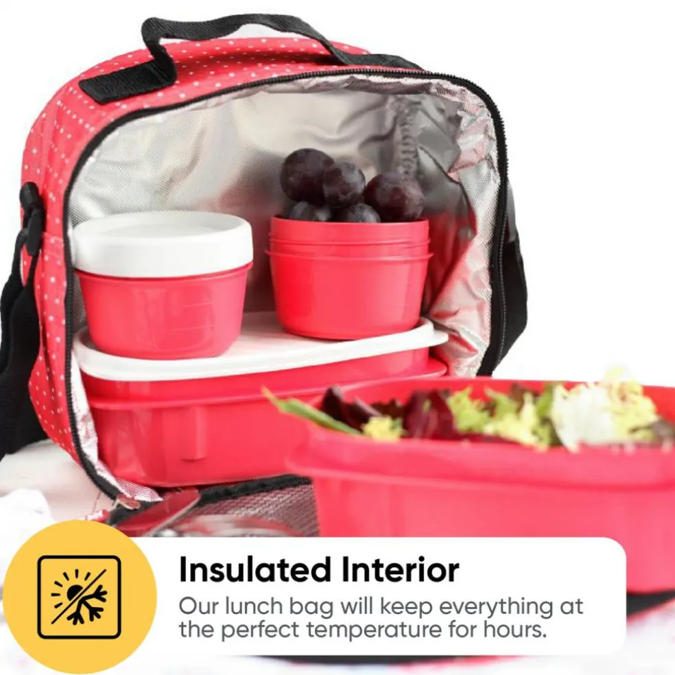 Superio Insulated Lunch Bag with Containers, Thermal Lined Lunch Box, Red