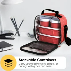Superio Insulated Lunch Bag with Containers, Thermal Lined Lunch Box, Red