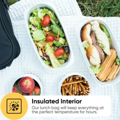 Superio Insulated Lunch Bag with Containers, Thermal Lined Lunch Box, Black