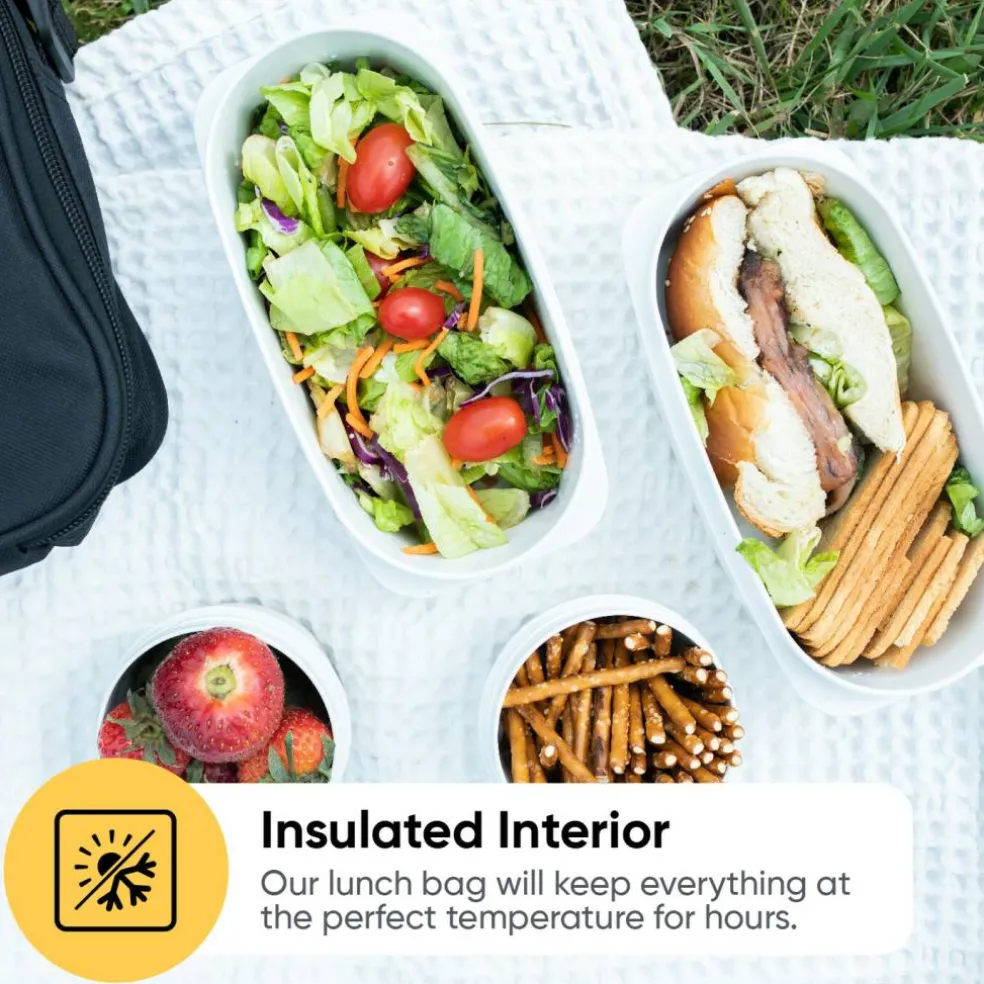 Superio Insulated Lunch Bag with Containers, Thermal Lined Lunch Box, Black