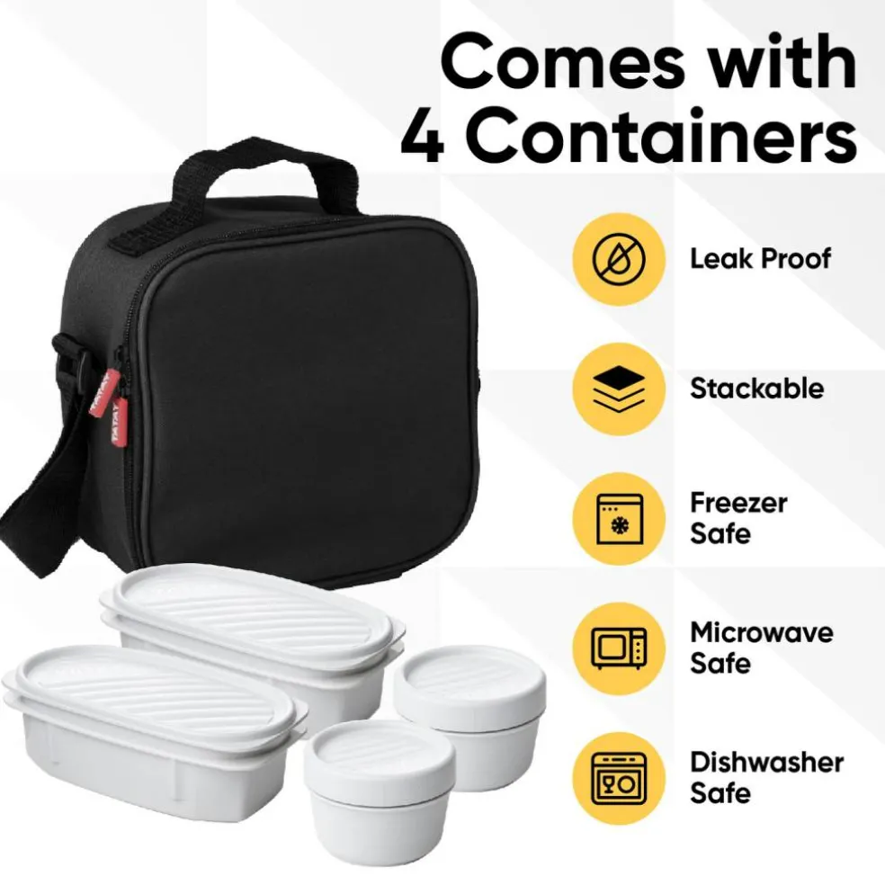 Superio Insulated Lunch Bag with Containers, Thermal Lined Lunch Box, Black
